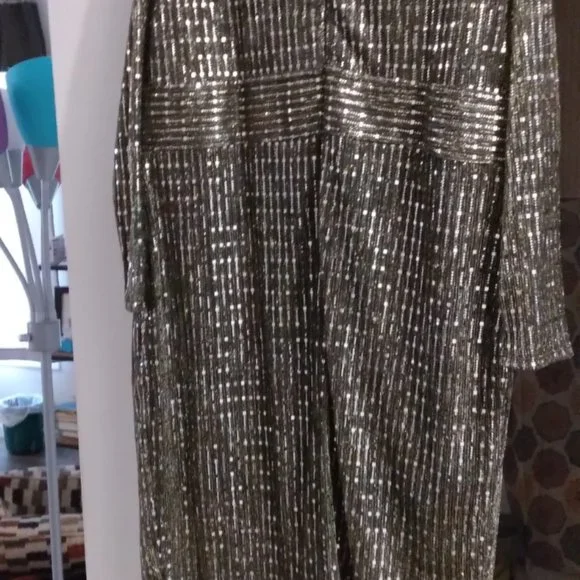 🆕 ASHROS DESIGN Metallic & Black Mock Wrap Dress Live it! Has Mesh sleeves SZ 1X - Picture 7 of 10